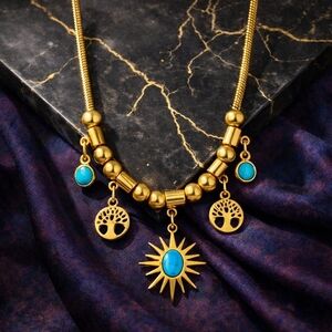18K Gold Plated Stainless Steel Turquoise Necklace Sun Tree Of Life Charms